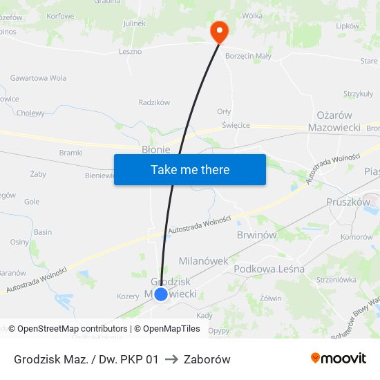 Grodzisk Maz. / Dw. PKP 01 to Zaborów map