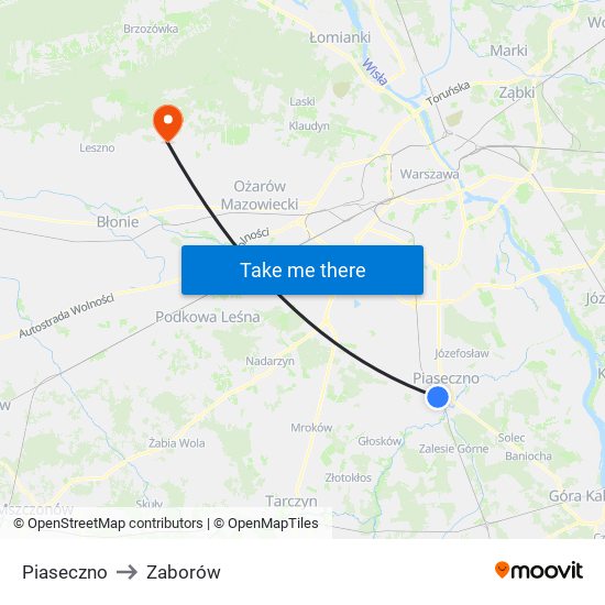 Piaseczno to Zaborów map