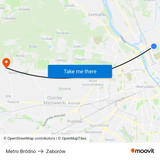Metro Bródno to Zaborów map