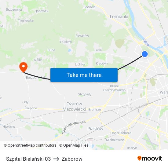 Szpital Bielański to Zaborów map