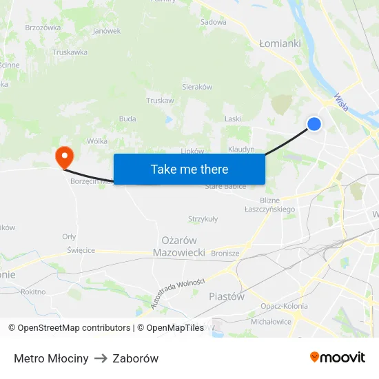 Metro Młociny to Zaborów map