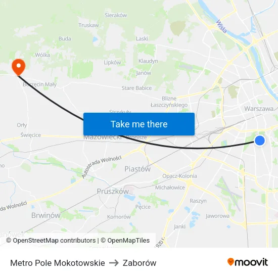 Metro Pole Mokotowskie to Zaborów map