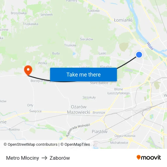 Metro Młociny to Zaborów map