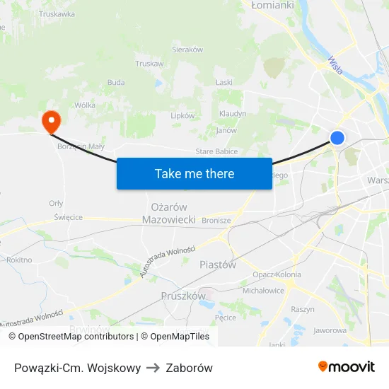 Powązki - Cm. Wojskowy to Zaborów map
