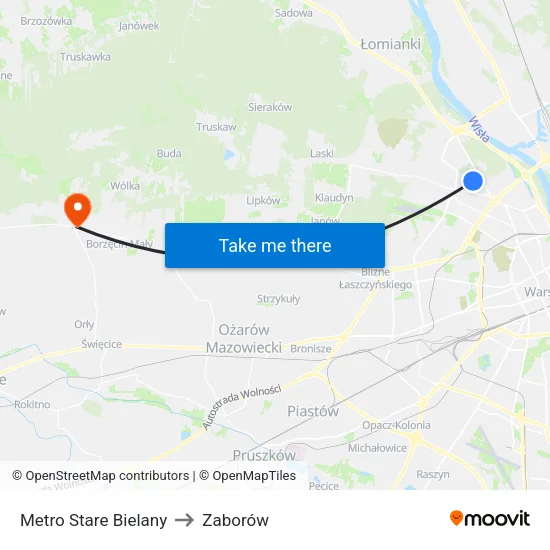 Metro Stare Bielany to Zaborów map