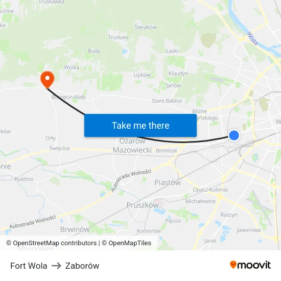 Fort Wola to Zaborów map