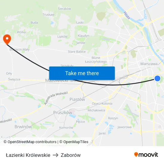 Łazienki Królewskie to Zaborów map