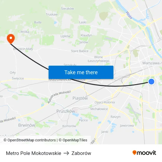 Metro Pole Mokotowskie to Zaborów map