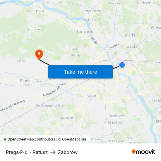 Praga-Płd. - Ratusz to Zaborów map