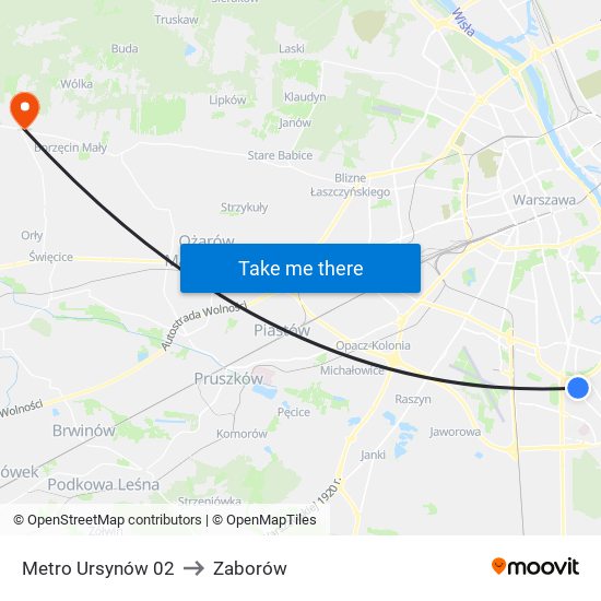 Metro Ursynów to Zaborów map