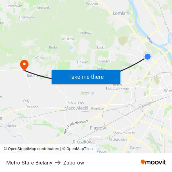 Metro Stare Bielany to Zaborów map