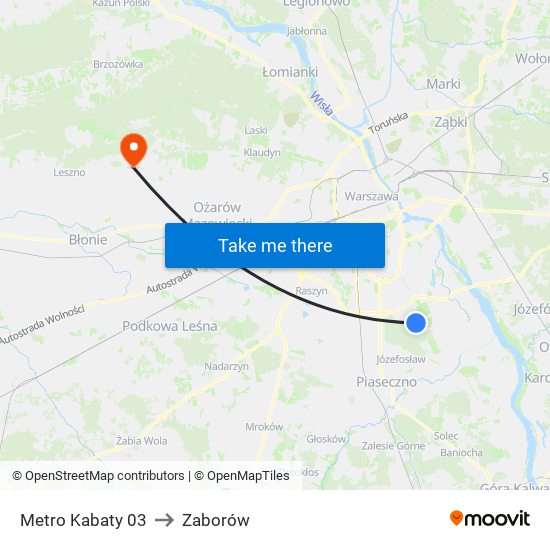 Metro Kabaty 03 to Zaborów map