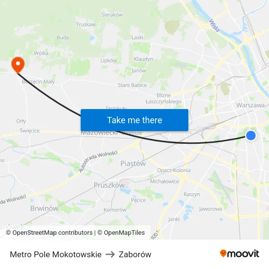 Metro Pole Mokotowskie to Zaborów map