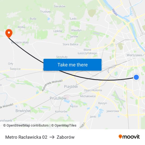 Metro Racławicka to Zaborów map