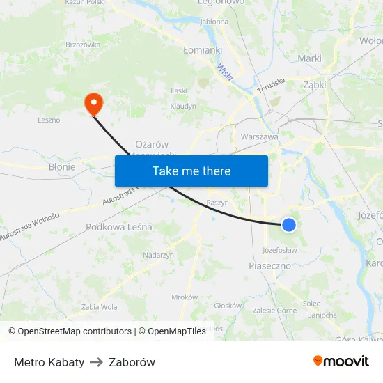 Metro Kabaty to Zaborów map