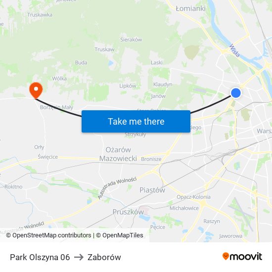 Park Olszyna to Zaborów map