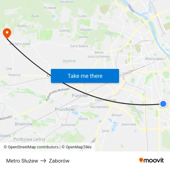 Metro Służew to Zaborów map