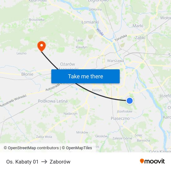 Os. Kabaty to Zaborów map