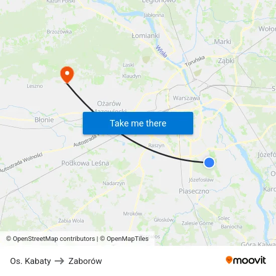 Os. Kabaty to Zaborów map