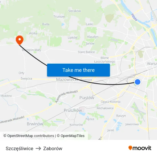 Szczęśliwice to Zaborów map