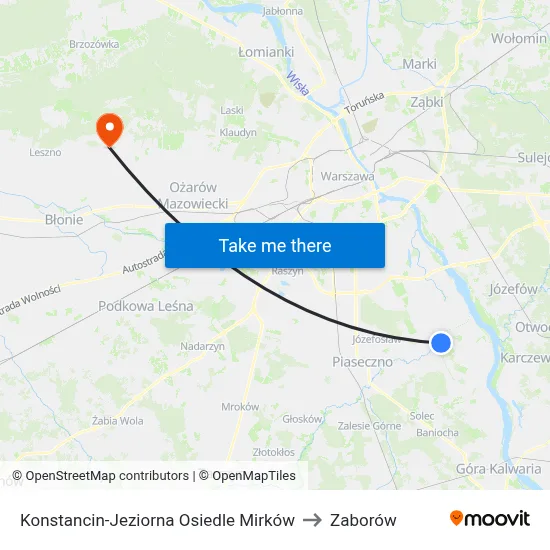 Konstancin-Jeziorna Osiedle Mirków to Zaborów map