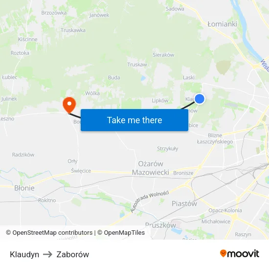 Klaudyn to Zaborów map