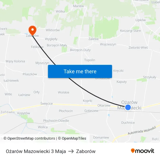 Ożarów Mazowiecki 3 Maja to Zaborów map
