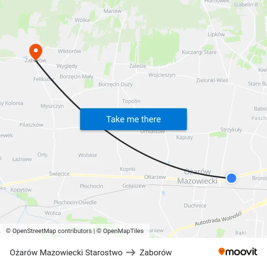 Ożarów Mazowiecki Starostwo to Zaborów map