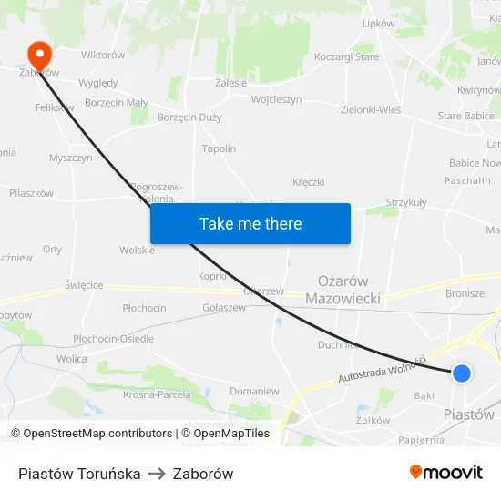 Piastów Toruńska to Zaborów map