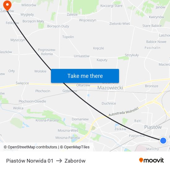 Piastów Norwida to Zaborów map