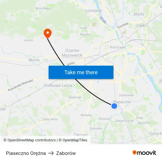Piaseczno Orężna to Zaborów map