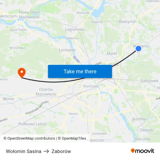 Wołomin Sasina to Zaborów map