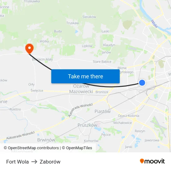 Fort Wola to Zaborów map