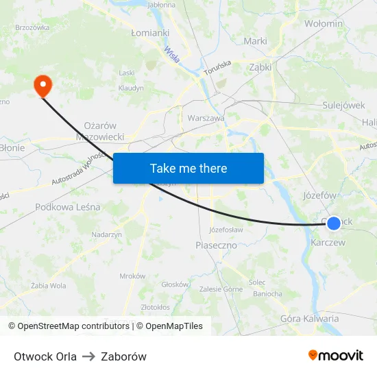 Otwock Orla to Zaborów map