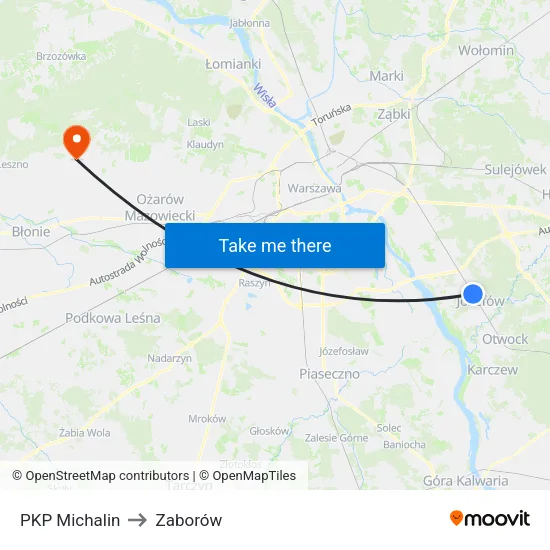 PKP Michalin to Zaborów map