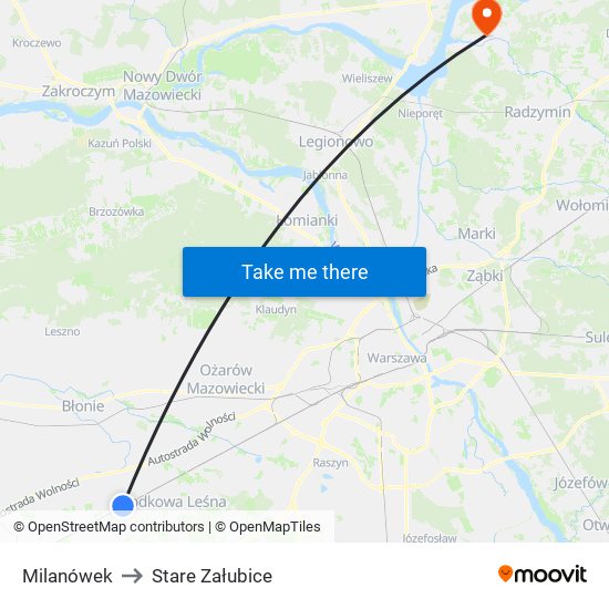 Milanówek to Stare Załubice map