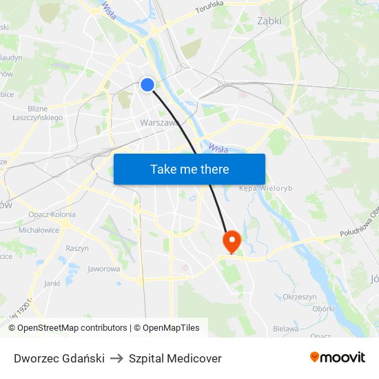 Dworzec Gdański to Szpital Medicover map