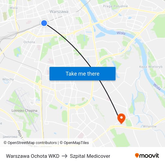 Warszawa Ochota WKD to Szpital Medicover map