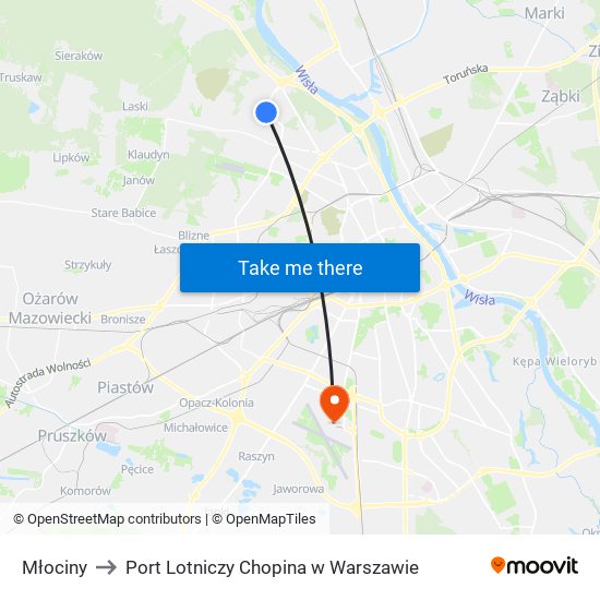 Młociny to Port Lotniczy Chopina w Warszawie map