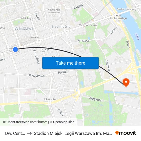 Dw. Centralny 07 to Stadion Miejski Legii Warszawa Im. Marszałka Józefa Piłsudskiego map