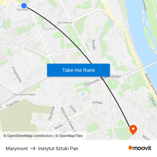 Marymont to Instytut Sztuki Pan map