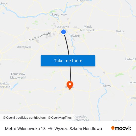 Metro Wilanowska to Wyższa Szkoła Handlowa map