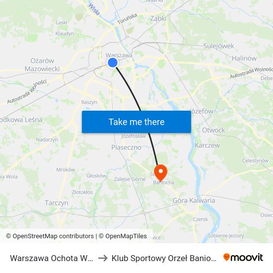 Warszawa Ochota WKD to Klub Sportowy Orzeł Baniocha map