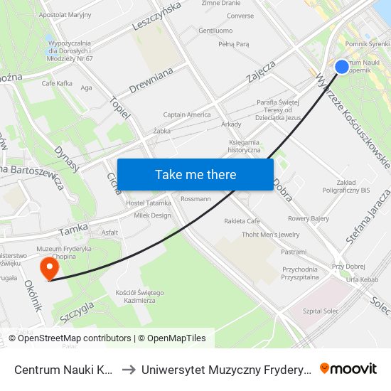 Centrum Nauki Kopernik to Uniwersytet Muzyczny Fryderyka Chopina map