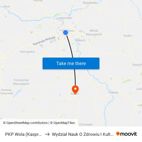 PKP Wola (Kasprzaka) to Wydział Nauk O Zdrowiu I Kultury Fizycznej map