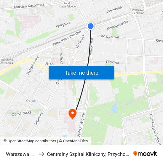 Warszawa Ochota WKD to Centralny Szpital Kliniczny, Przychodnia Specjalistyczna Banacha map