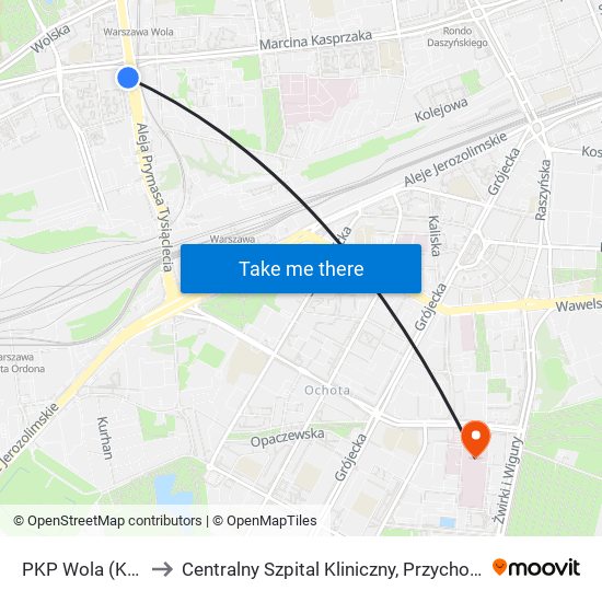 PKP Wola (Kasprzaka) 05 to Centralny Szpital Kliniczny, Przychodnia Specjalistyczna Banacha map