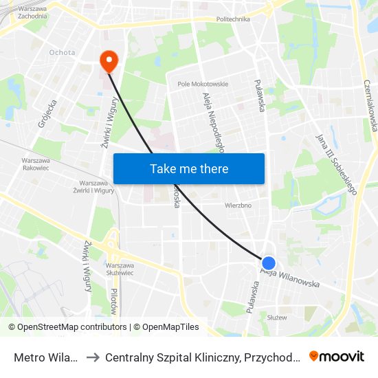 Metro Wilanowska 18 to Centralny Szpital Kliniczny, Przychodnia Specjalistyczna Banacha map