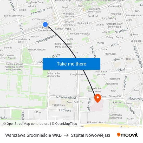 Warszawa Śródmieście WKD to Szpital Nowowiejski map