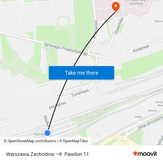 Warszawa Zachodnia to Pawilon 11 map